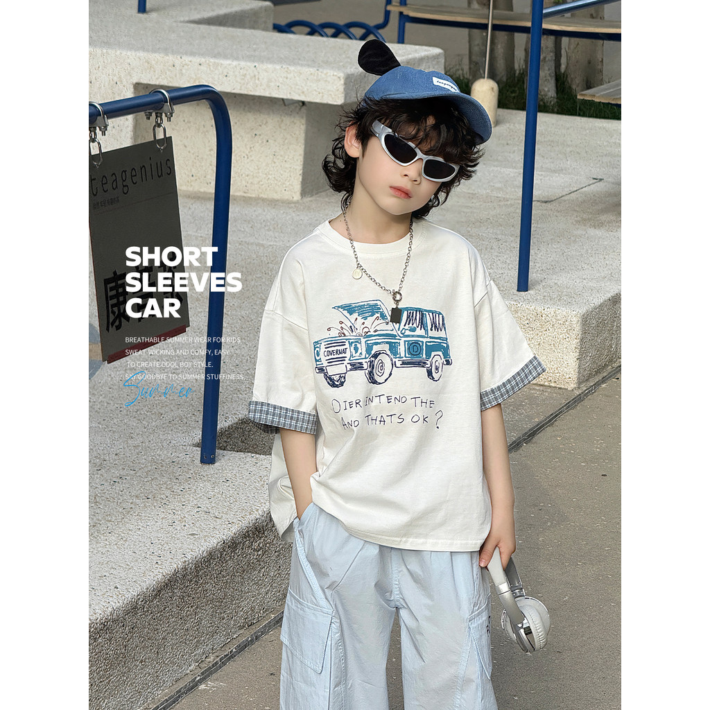 Meninos verão puro algodão de manga curta contraste cor camiseta 2026 novo estilo crianças versão coreana branco impress