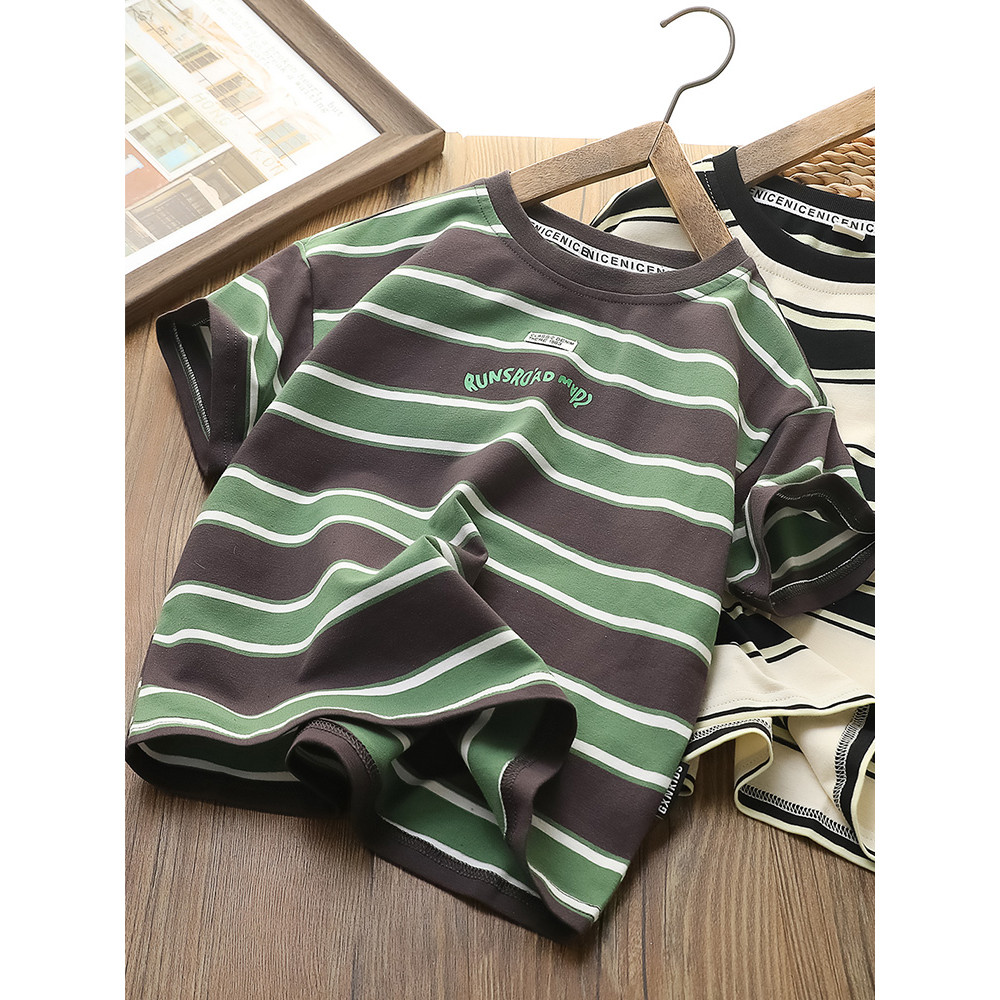 Meninos camiseta de manga curta listrado crianças verão puro algodão topo em torno do pescoço 2025 novo estilo meninos m