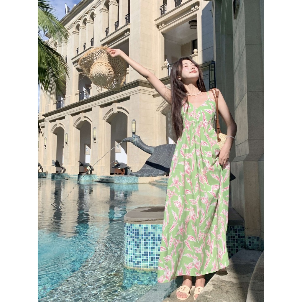 Linda saia pequena à beira-mar moda contraste cor impressa Halter rendas estilingue vestido Design nicho cintura alta sa
