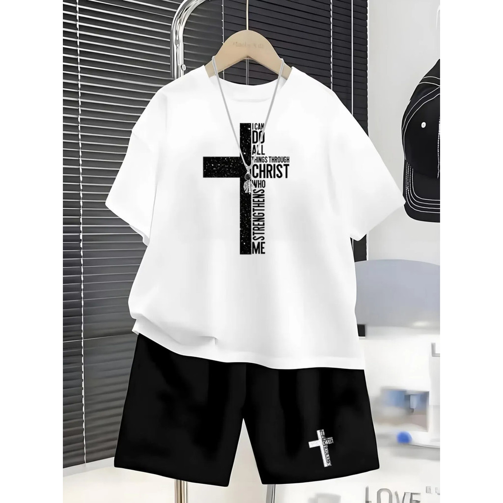 Conjunto Infantil Menino Gospel Camiseta Estampada Cruz Jesus Cristo + Bermuda Preta Moletinho Roupa Infantil