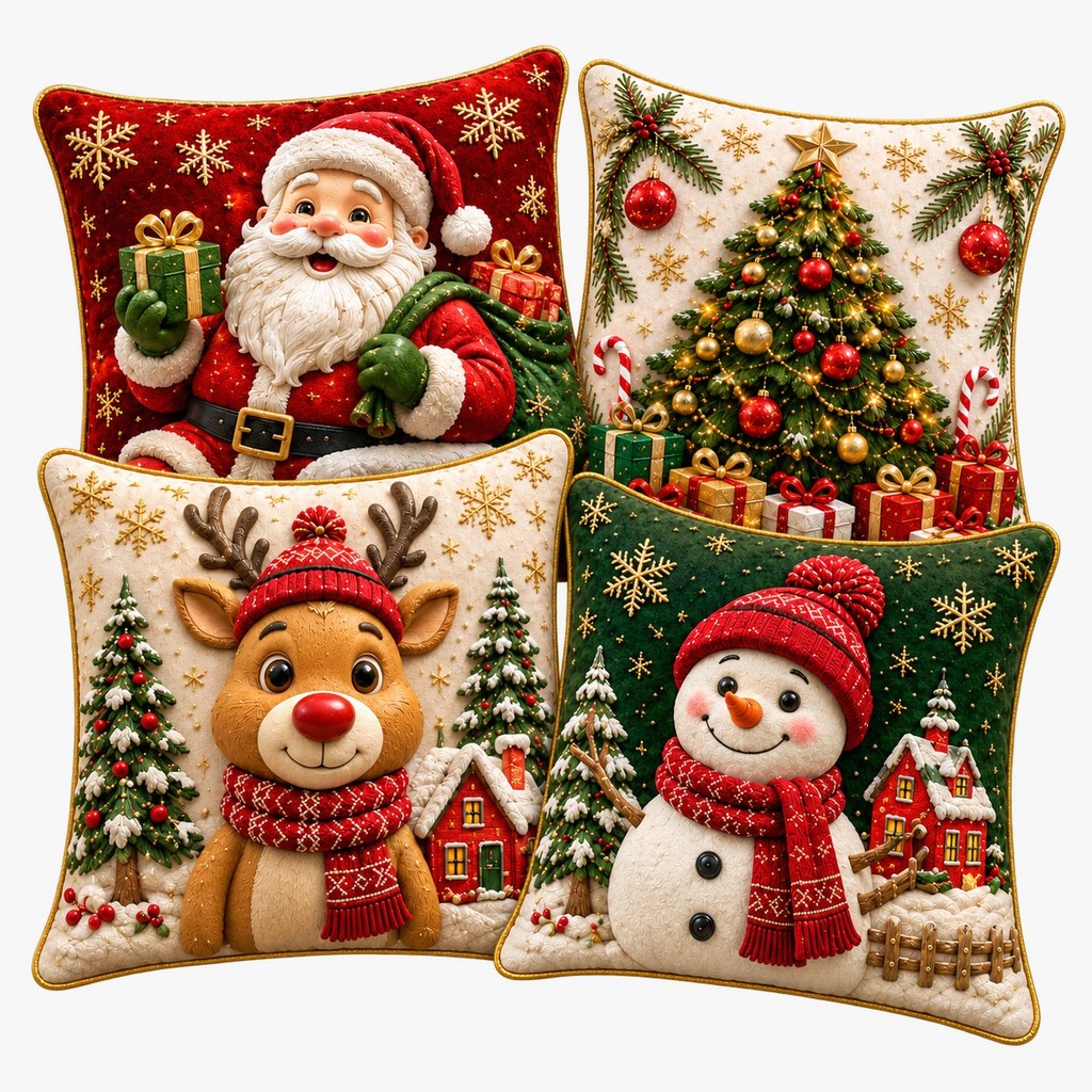 Capa de Almofadas 1 e 4 Decorativas 45x45 Estampas Natalinas estampa premium 2026 NOEL RENA ARVORE E BONECO FUNDO VERDE