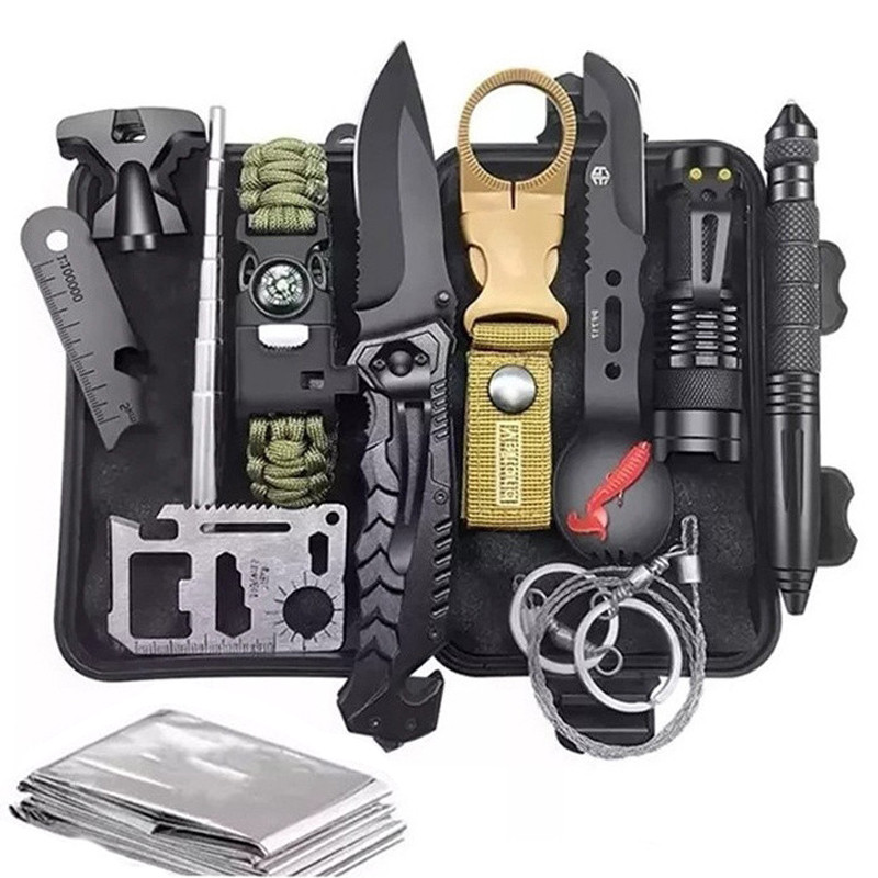 Kit De Sobrevivência 12 Em 1 Ferramentas De Emergência Com Estojo Rígido Para Camping, Trilha E Aventura Ao Ar Livre