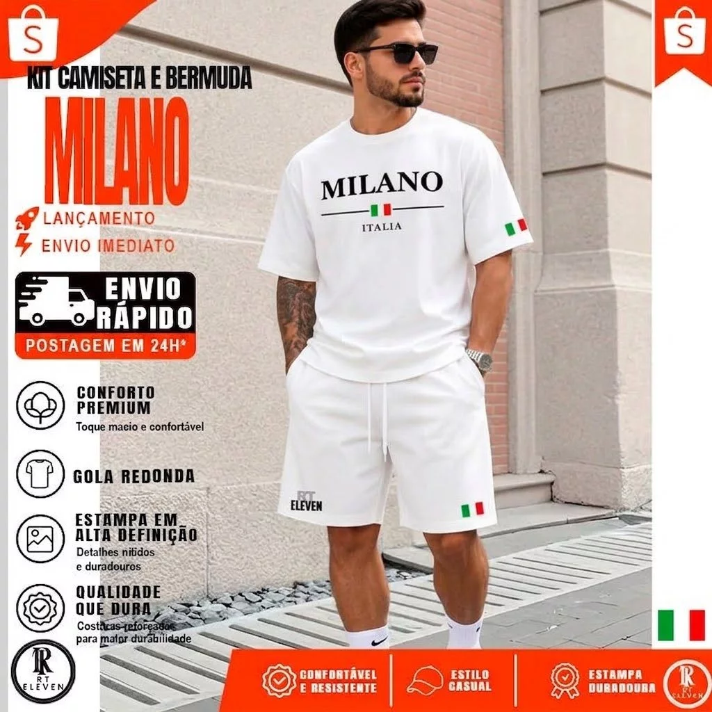 Conjunto Camiseta + Short Moletom Estampado Milano Itália Street Camiseta Malha Linha Premium + Short Mauricinho RT Elev