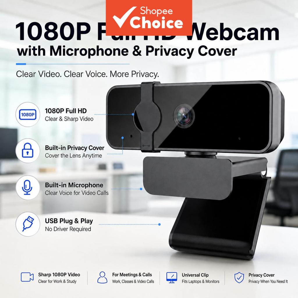 Câmera Web JCL 1080p USB para PC, notebook e desktop, microfones com redução de ruído, foco fixo 73° FOV, tampa de