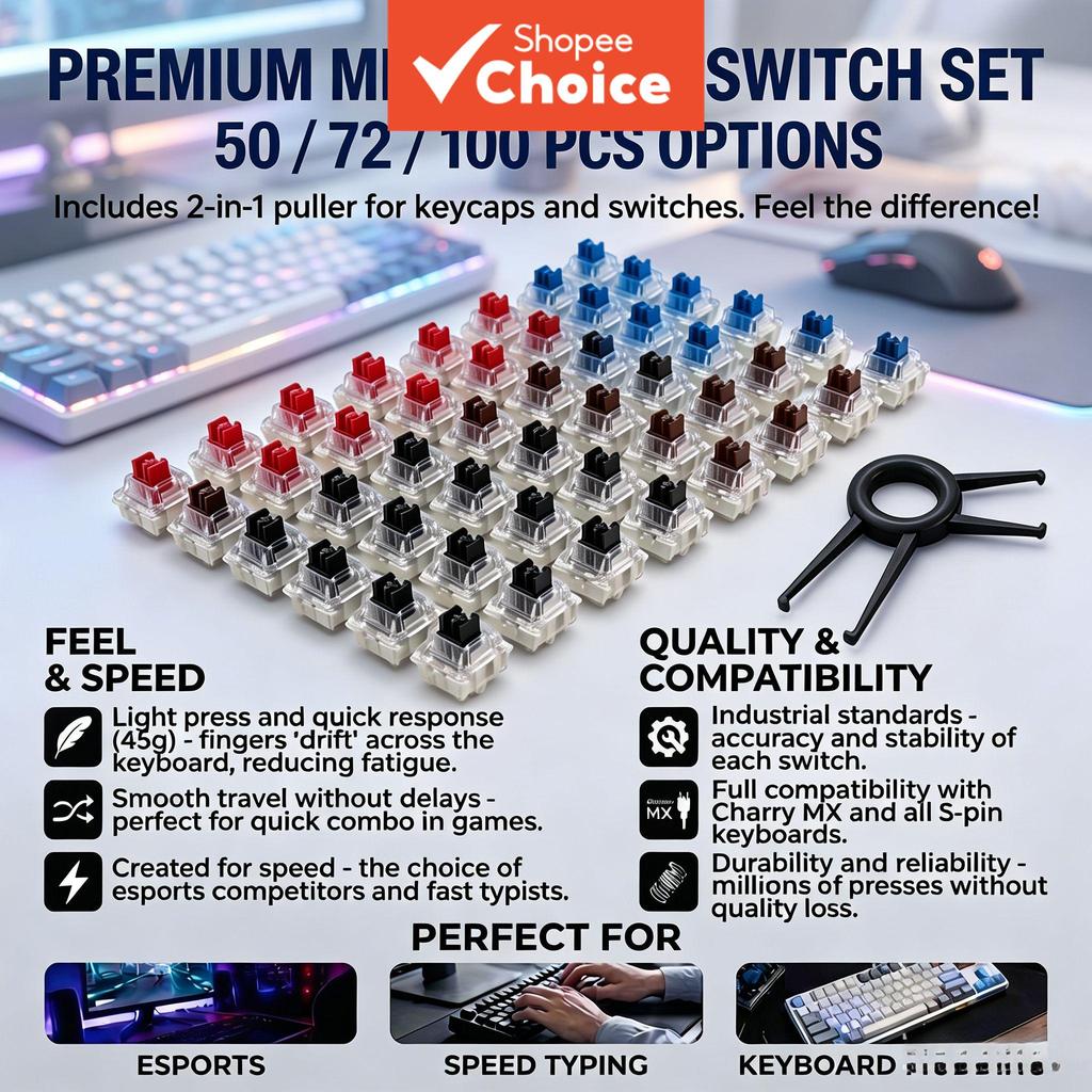 Interruptor Mecânico para Teclado - Blue/Red/Brown/Black Switch 3 Pinos MX Switch + Extrator de Teclas e Interruptores