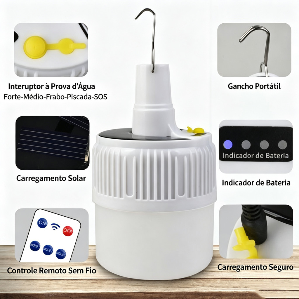 Lâmpada LED Recarregável Carga solar para Arandelas Sem Fio，Portátil Emergência Casa Acampamento Barraca