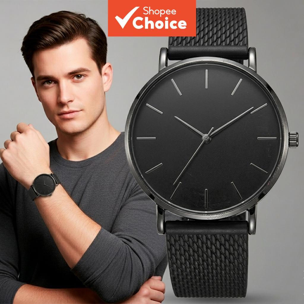  Relógio masculino minimalista preto de quartzo, caixa fina, pulseira de malha, relógio de pulso casual para acessórios