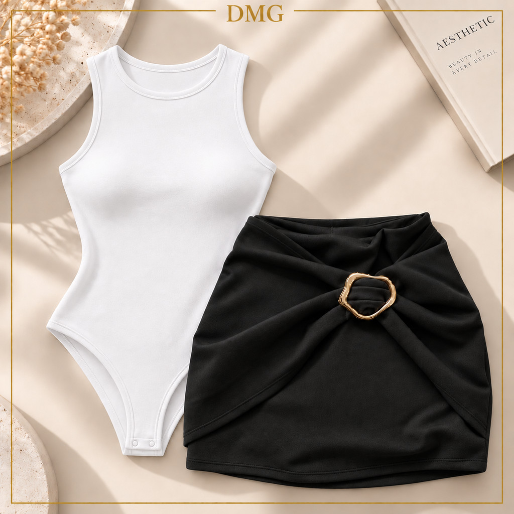 Conjunto Feminino Body Regata Short Saia Com Fivela Dourada Moda 2026