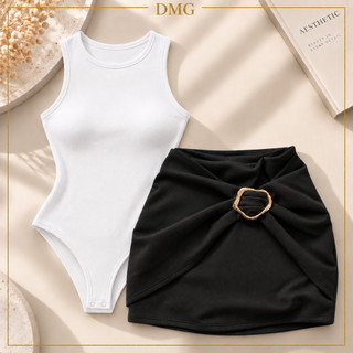 Conjunto Feminino Body Regata Short Saia Com Fivela Dourada Moda 2026