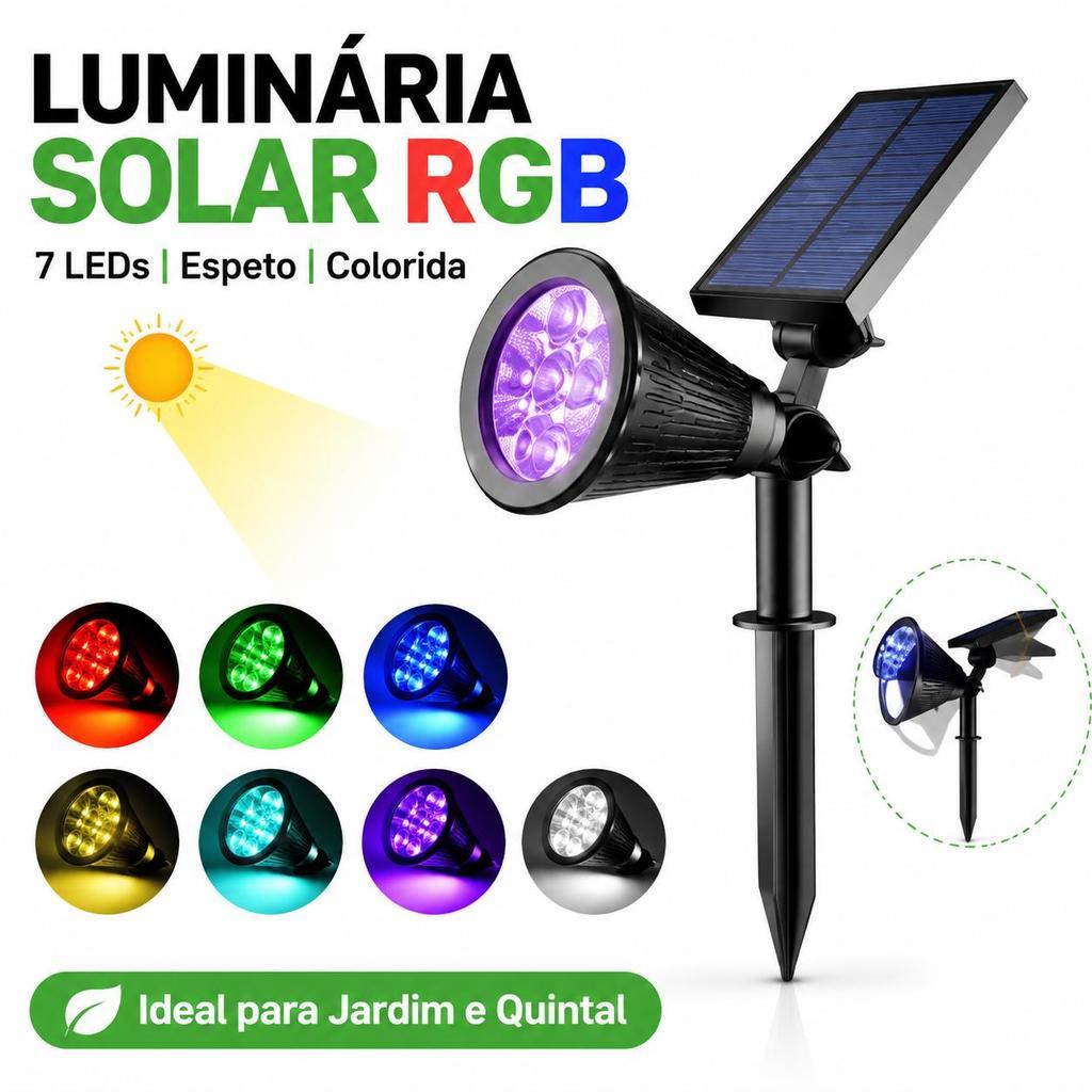 Luminária Solar Spot Jardim Espeto 7 LEDs RGB Coloridos Energia 100% Solar Acendimento Automático