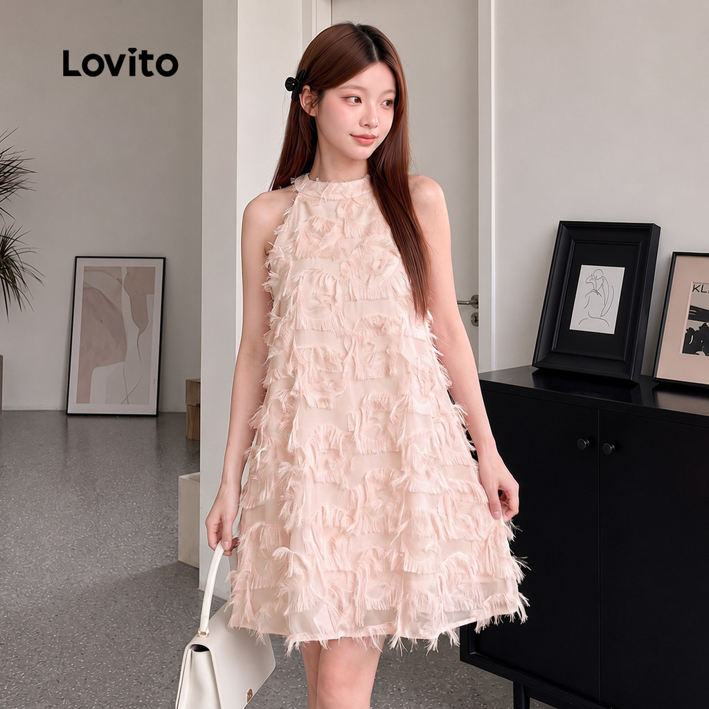 (Elegante) Lovito Vestido Com Franjas Lisas Para Mulheres L106AD483