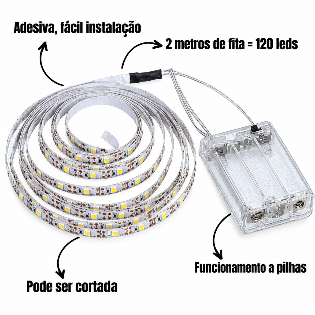 Fita de LED 2 Metro 120 Led De Pilha Branca Amarela Colorido iluminação Forte — imagem 2 de 2