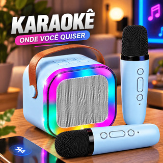 Caixa De Som Karaoke Par Microfones Altera Voz Bateria Recarregável Longa Criança E Adultos Festas Evento Show Canto