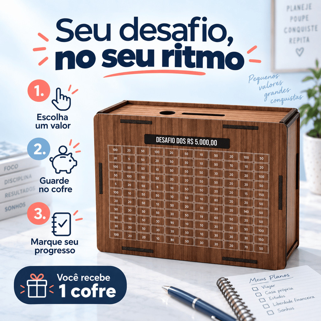 Cofre MDF Desafio 10mil/5mil Caixa Dinheiro Cofrinho De Madeira Método Japonês Escolha Sua Meta