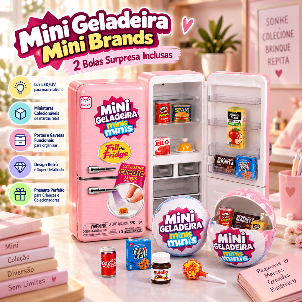 Geladeirinha Com Luz Interna Brinquedo Infantil Para Meninos e Meninas, 2 Bolas Surpresa, Faz de Conta