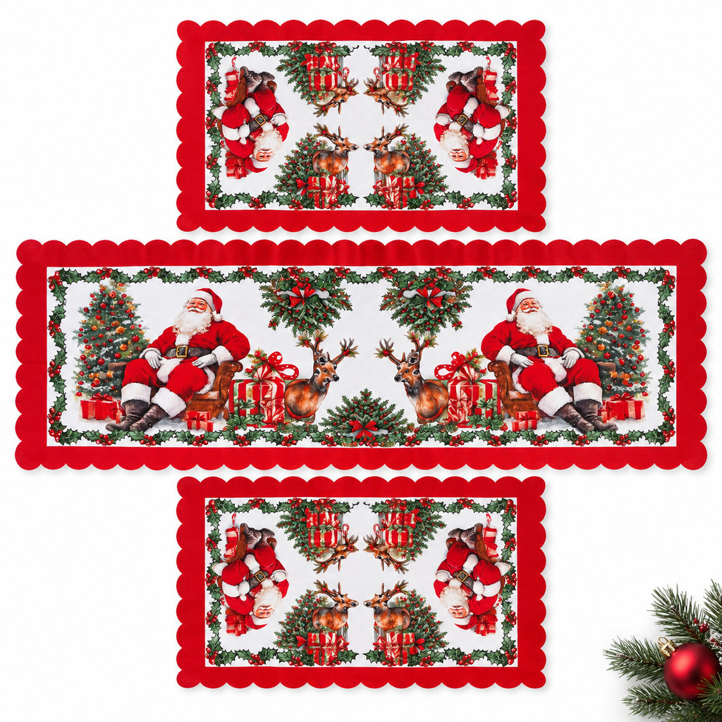 Trilho de Mesa Natalino 85x40 + 2 Jogo Americano Natal Kit Mesa Posta Decoração de Natal Aparador Mesa de Centro PVC