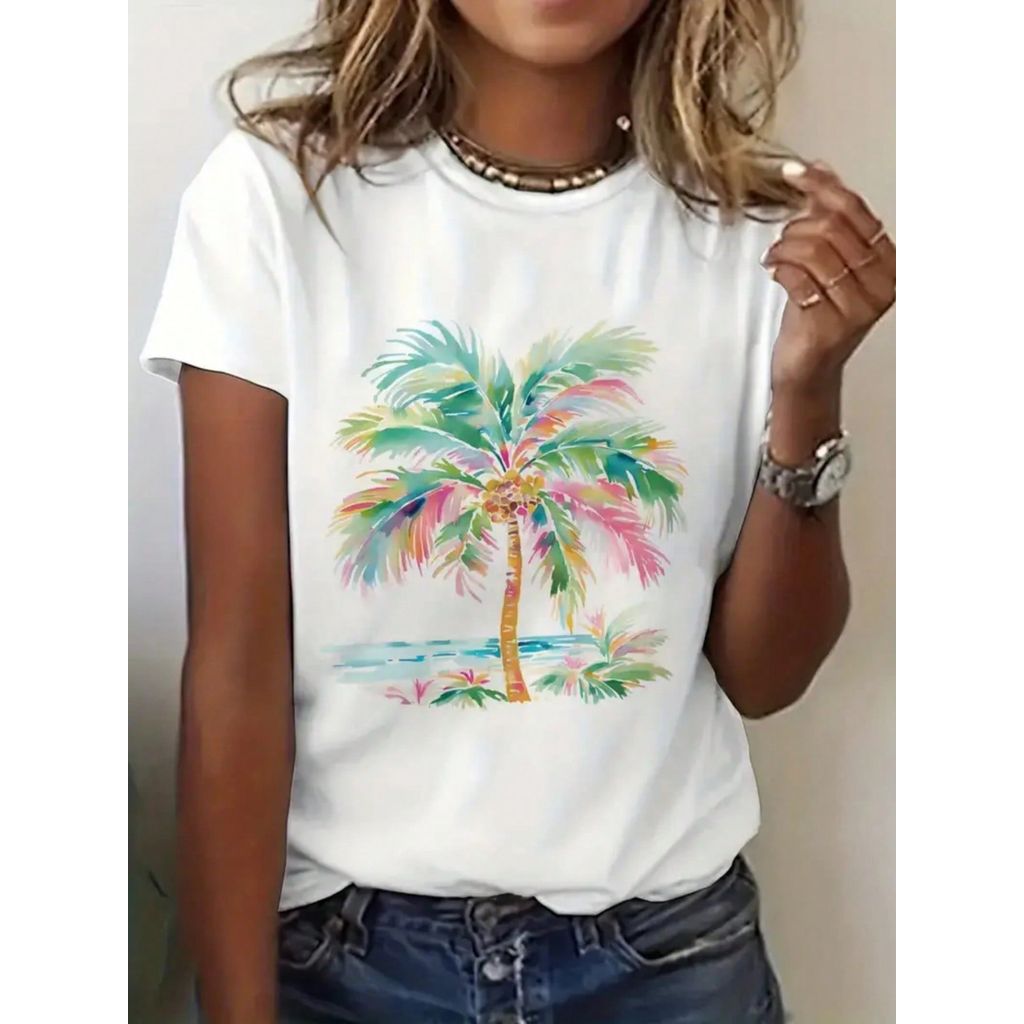 Camiseta Estampa Aquarela Palmeira Tropical Paisagem Praia Confortável Linda Moderna Estilosa Moda Feminina Verão