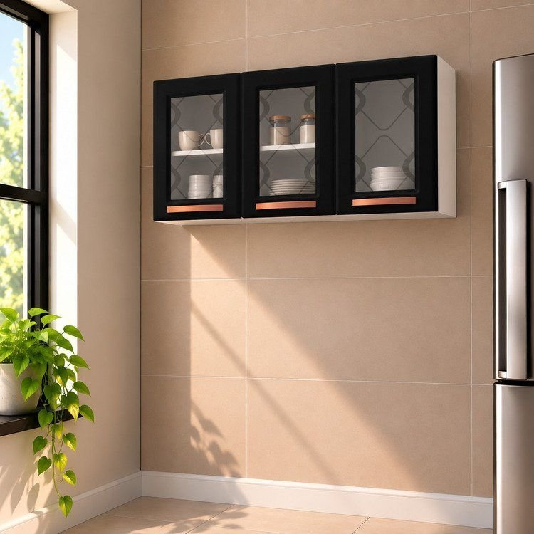 Armário de Cozinha Aéreo Triplo em Aço 3 Portas de Vidro Mirage New Preto/Branco Branco/Preto