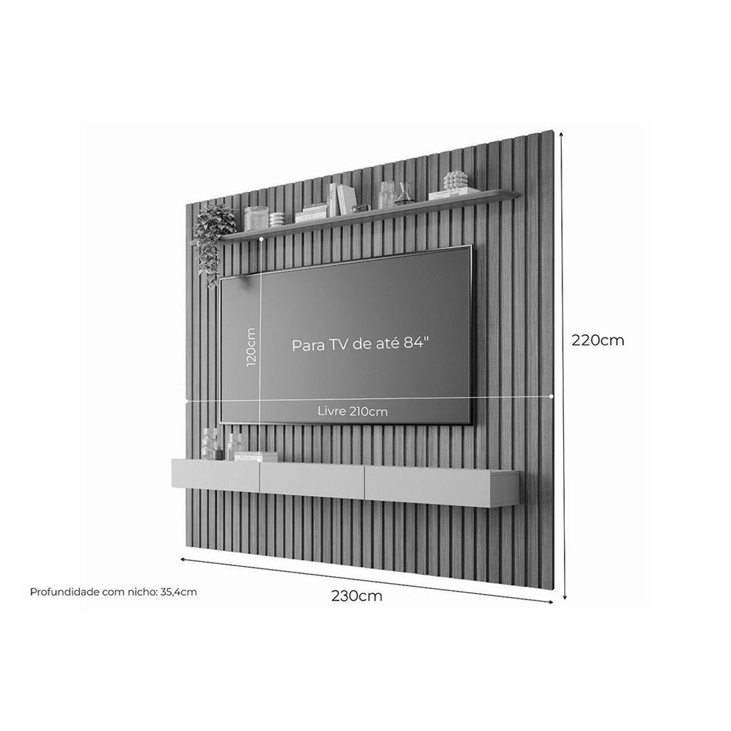 Rack Bancada c/ Painel p/ TV até 75 Pol Maragogi Ripado 1 Porta e 2 Gavetas 230x220cm Nature/Off White - Permóbili · foto 2