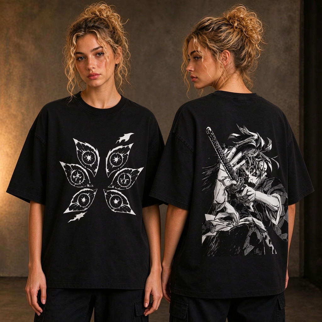 Camiseta Oversize Unissex Preta de Algodão Manga Curta, Estampa Frontal Borboleta de Olhos, Estampa Traseira Guerreiro S