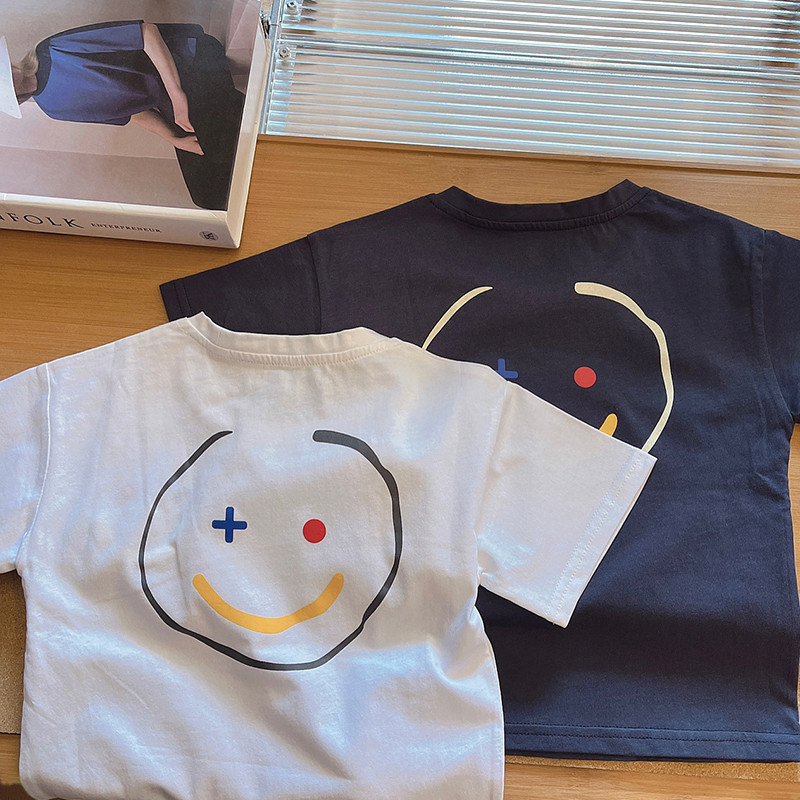 Verão bebê camiseta de manga curta meninos novo estilo crianças em torno do pescoço frente traseira impresso Smiley topo