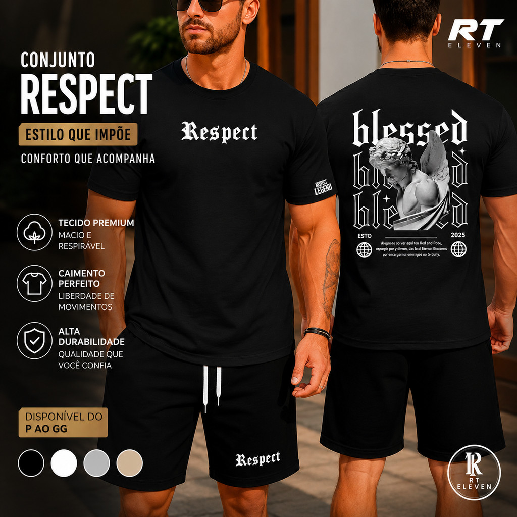 Kit Conjunto Masculino Blessed Camiseta 100% Algodão + Bermuda Moletom Lançamento Estampada Anjos Respect Confortavel