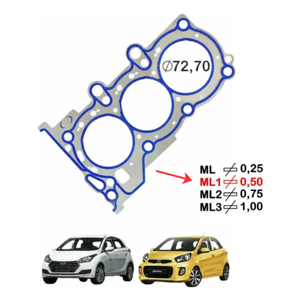 Imagem Junta Cabeçote Aço 0,50mm Picanto Hb20 1.0 12v Kappa V3 Flex