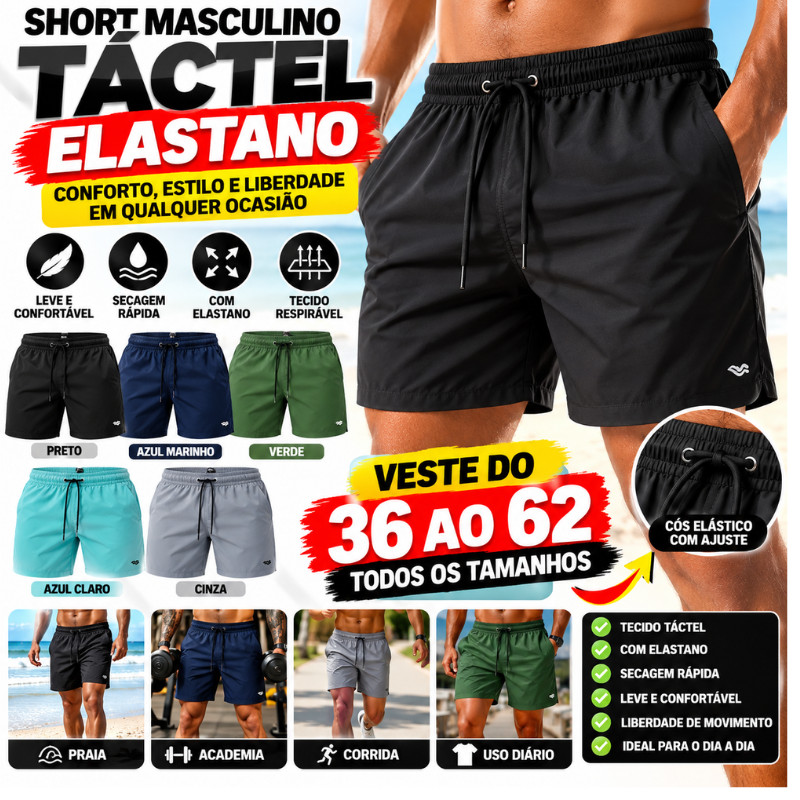 Short Masculino Tactel Elastano Secagem Rápida Praia Academia Confortável