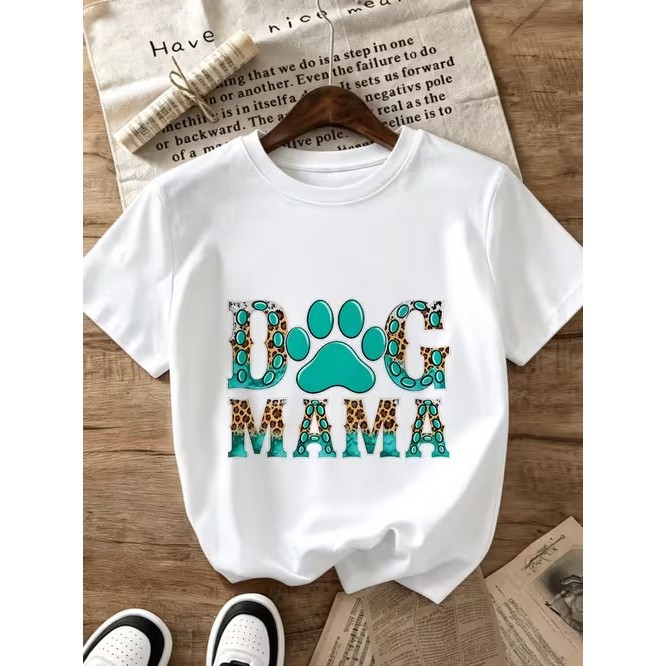 Camiseta Feminina Manga Curta Estampada Dog Mama Pata de Cão Confortável Linda Estilosa Premium Moda Casual Tendência