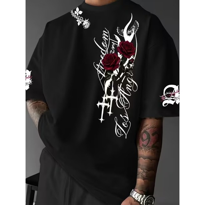 Camiseta Estampada Rosas e Cruzes Mangas Curtas Confortável Moderna Estilosa Premium para Uso Casual Tendência Moda