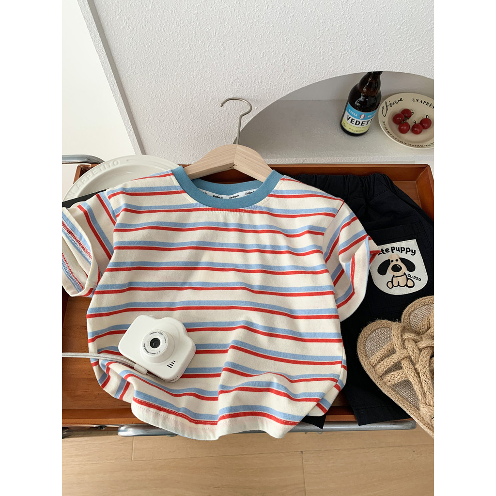 Meninos listrado puro algodão manga curta camiseta 2026 novo estilo crianças verão em torno do pescoço solto Casual All-