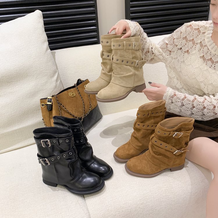 Botas Femininas de Bico Redondo, Botas Curtas Soltas, Estilo Vintage Casual, Salto Grosso, Botas da Moda, Tamanhos 35-40
