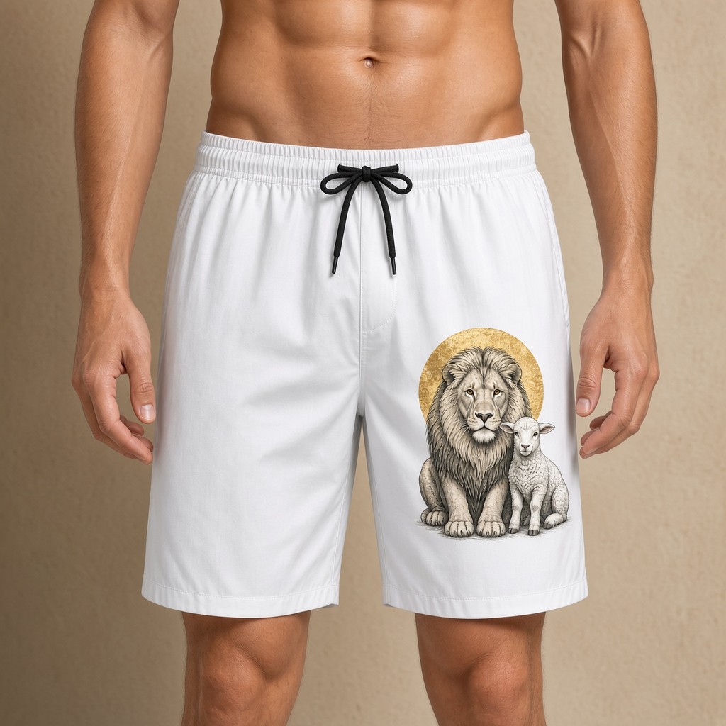 Short Moda Praia Masculino Bermuda Verão Tec Tell Leão Ovelha Cristão Academia Treino Corrida Musculacao Fit