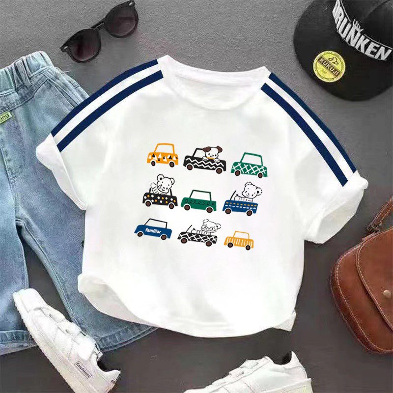 100% algodão meninos três barras em torno do pescoço de manga curta camiseta 2026 verão pequeno médio crianças bebê Anim