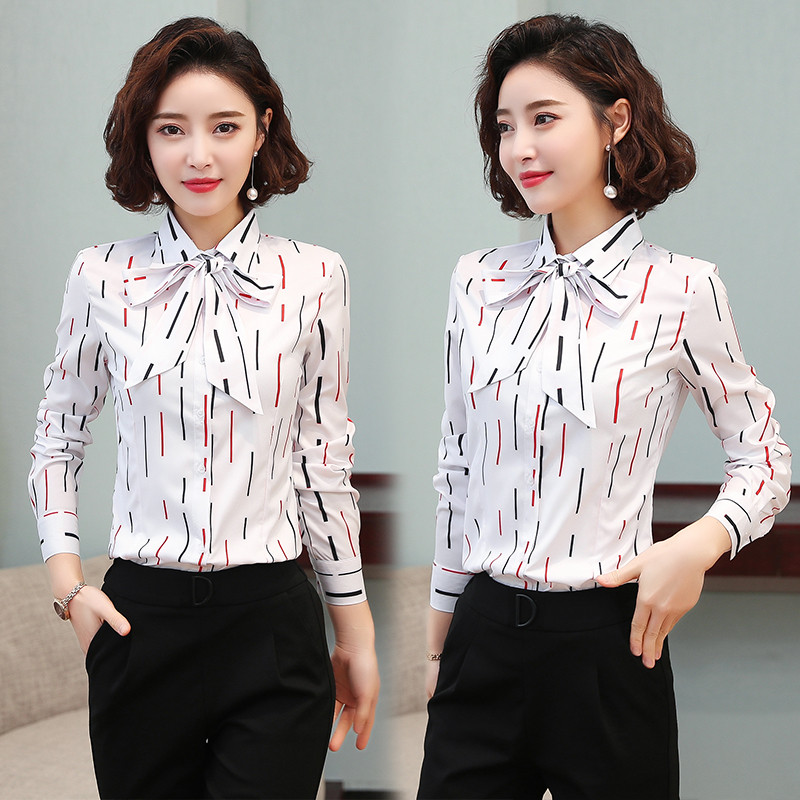 2023 camisa feminina início da primavera novo estilo versão coreana magro-ajuste impresso listrado de manga comprida rou