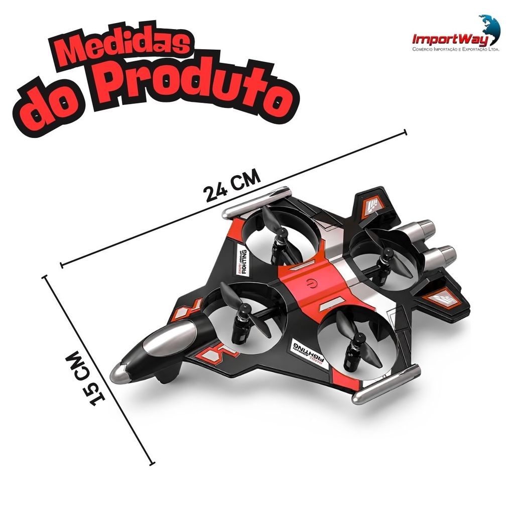 Drone Infantil Formato Avião Caça Vermelho Com Controle Remoto Bateria Recarregável 3,7V Brinquedo Para Crianças — imagem 2 de 2