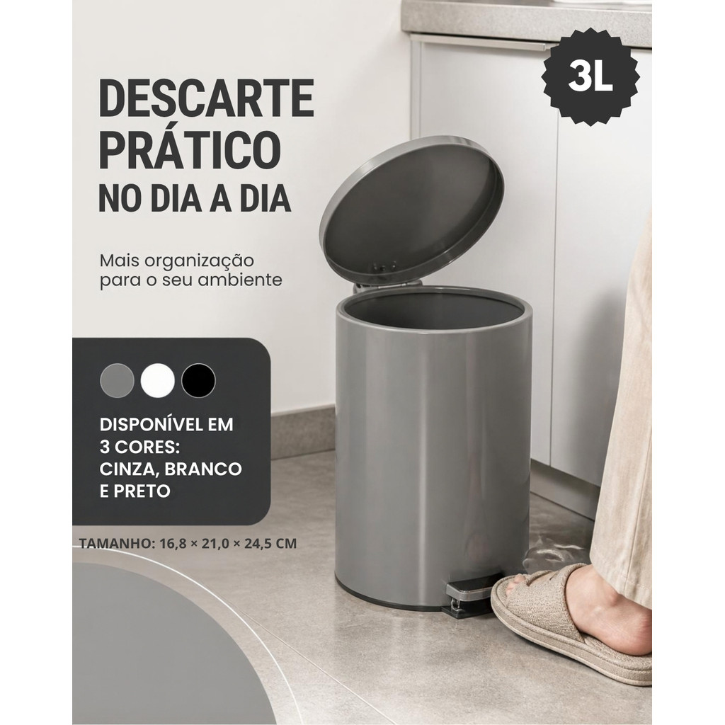 Lixeira Metálica Cinza com Pedal – 3L