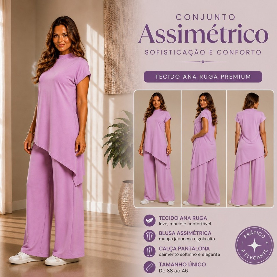 Conjunto Feminino Elegante Anrugs Premium Blusa Túnica Alongada Assimétrica Calça Pantalona Casual Tamanho Único