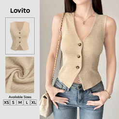 Lovito Blusa Feminino Casual Retrô Dos Anos 90 Com Botões E Fenda Frontal Confortável E Estilosa Na Cor Cáqui Claro Para a Primavera/verão TKB201P1D027