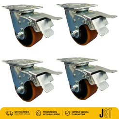 Kit 4 Rodízios Giratórios Poliuretano Com Freio 4pol 100mm 300kg JST