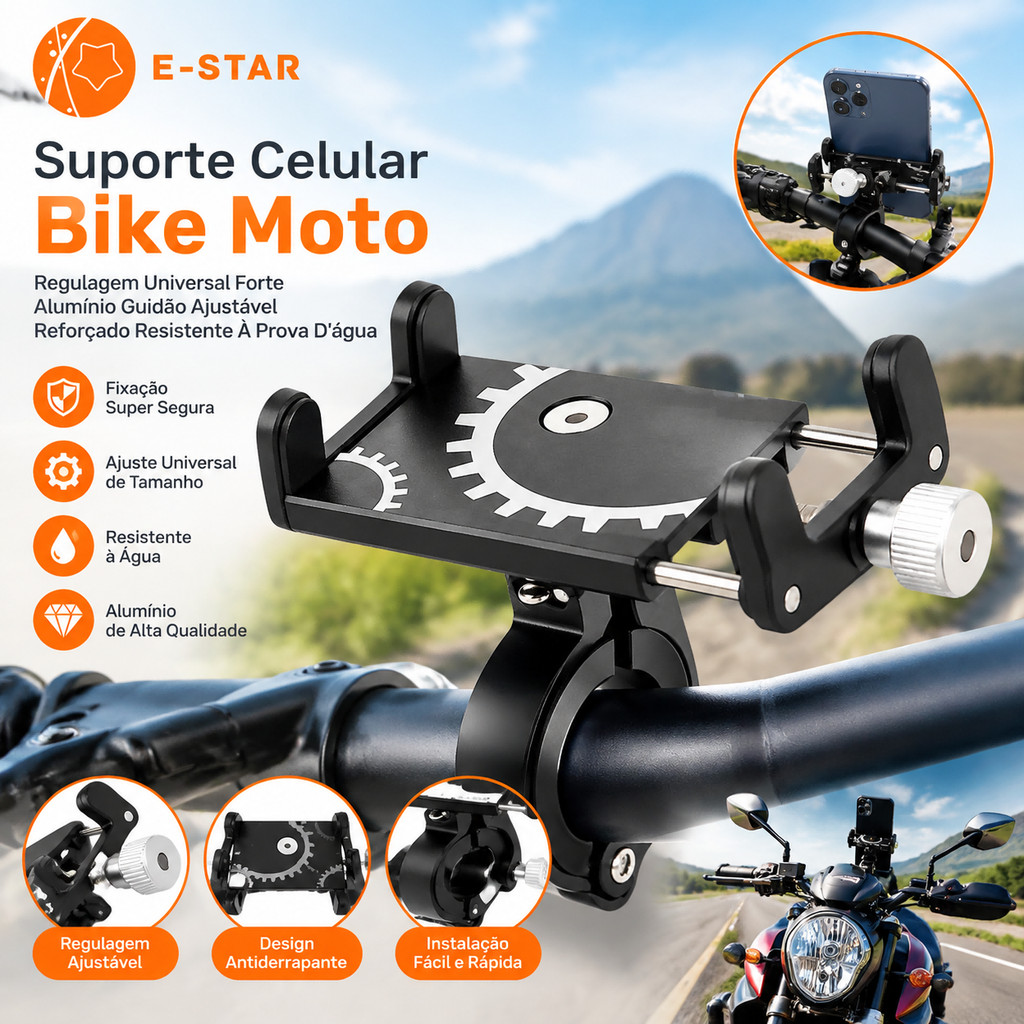 Suporte Celular Bike Moto Regulagem Universal Forte Alumínio Guidão Ajustável Reforçado Resistente À Prova D'água Fixo