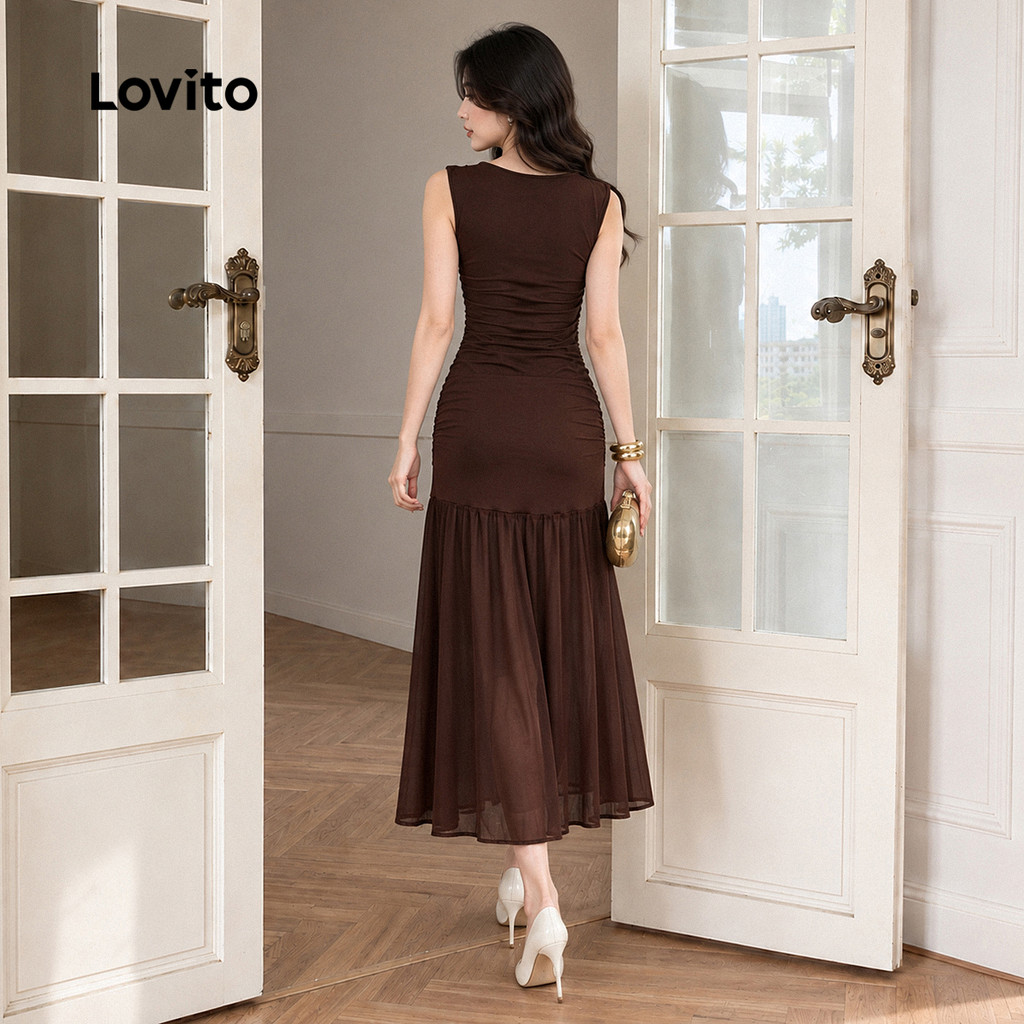 (New Arrival) Lovito Vestido Marrom Elegante Feminino Longo De Corte Em Linha a Com Costura De Tecido E Metal Para Trabalho Primavera/verão DRT207P1D723 — imagem 2 de 2