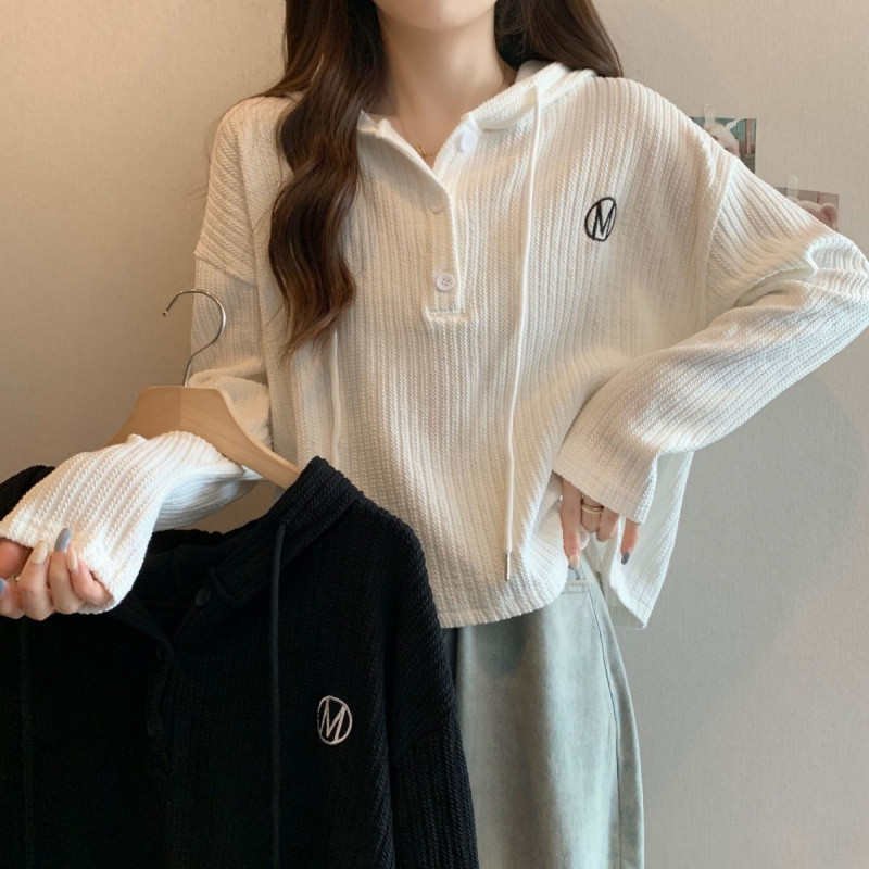 Blusa Com Capuz Feminina Estilo Coreano Elegante Manga Comprida Casual Moda Camisa Top