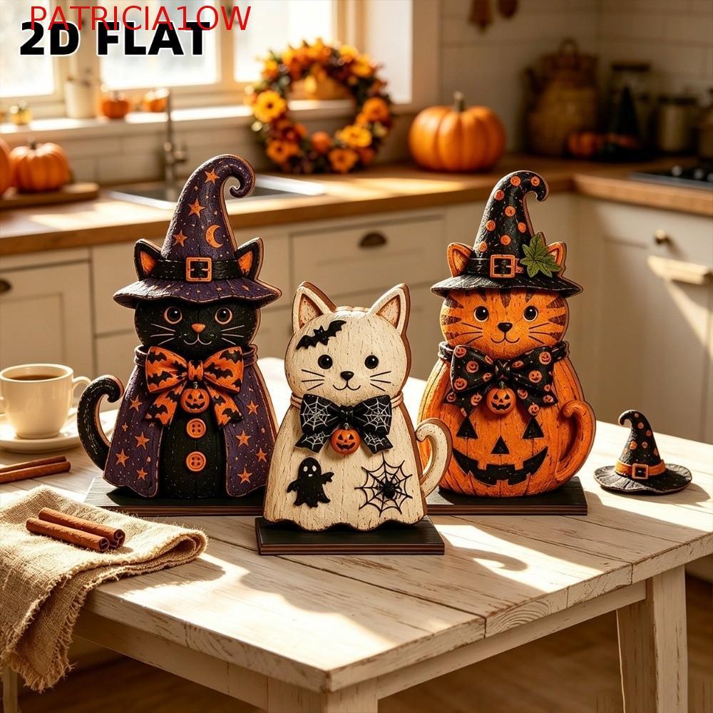 Ornamento De Gato De Bruxa De 3 Peças , Estatueta De Halloween De Abóbora De Estilo Rústico , Estatuetas Decorativas De 