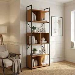 Estante de Livros Industrial 6 Prateleiras e Nichos 202x72cm LI014 Canela e Preto Fosco Canela/Preto Fosco