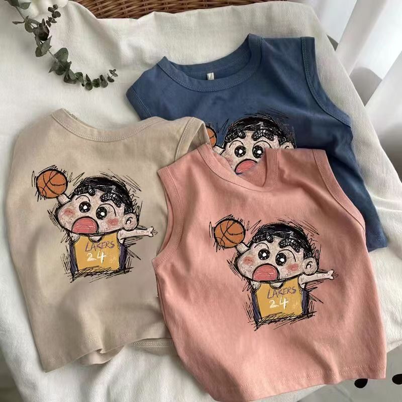 Crianças sem mangas camiseta verão meninos meninas puro algodão pequeno colete meninos bebê dos desenhos animados impres