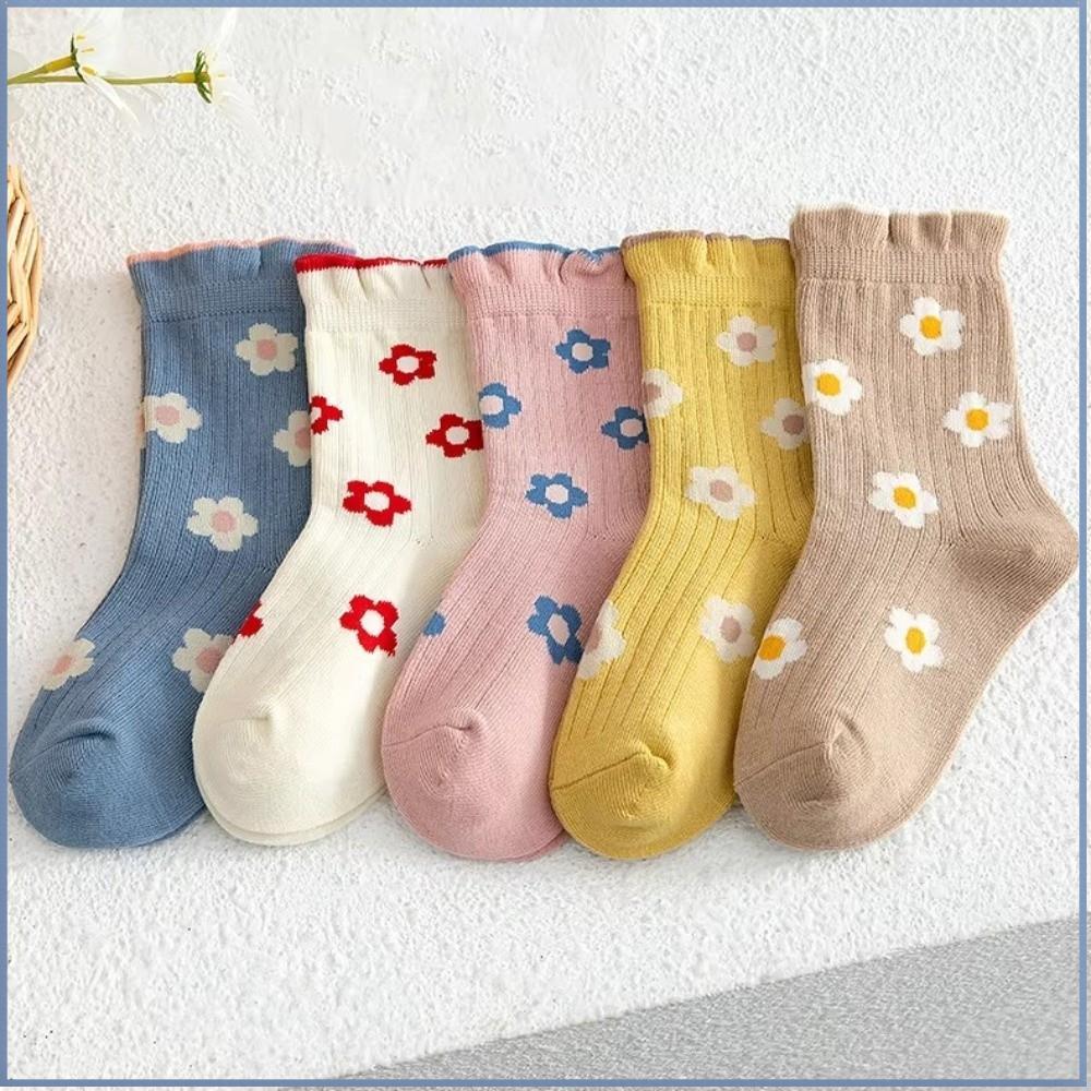 5 Pares De Meias Florais Para Meninas , Infantis Com Estampa Floral E Babados De Princesa De Algodão Macio Respirável