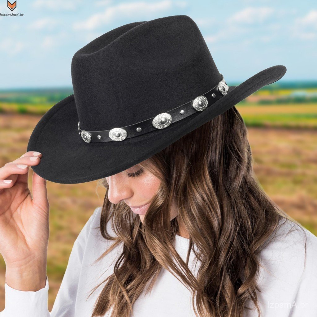 Chapéu de cowboy de aba larga com fivela de metal – modelo unissexo, estilo western, para homens e mulheres.