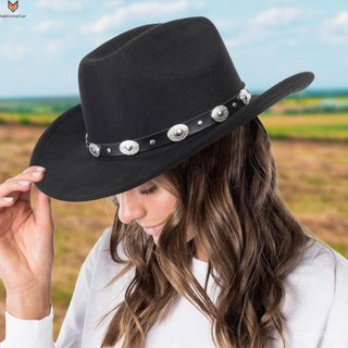 Chapéu de cowboy de aba larga com fivela de metal – modelo unissexo, estilo western, para homens e mulheres.