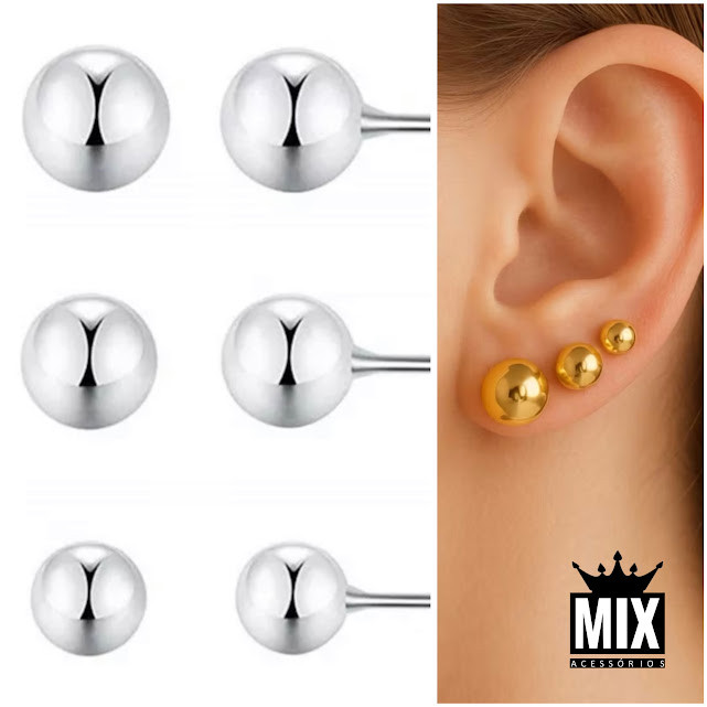Trio de Brincos de Bolinha em Aço Inoxidável Antialérgico Prata ou Dourado em Oferta na Shopee